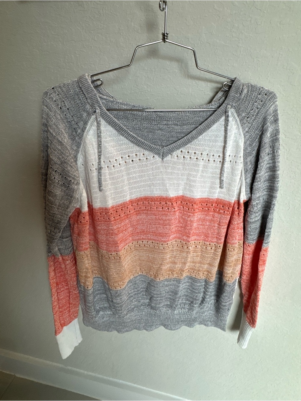 Source Unknown Gray White Coral Peach Striped Knit Sweater